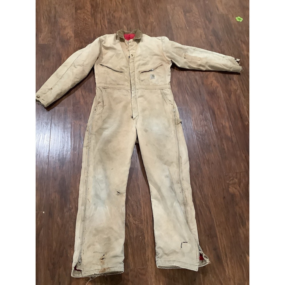 VTG 70s Carhartt Coveralls Mens Brown Duck Canvas Red Quilt Lined 996QZ USA
